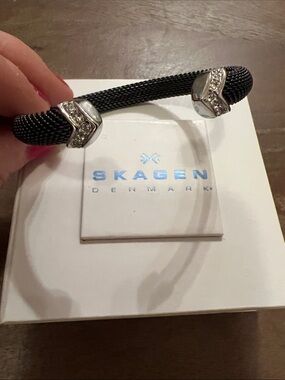 Skagen Black Mesh Open Cuff Bracelet with Silver Crystal Tips